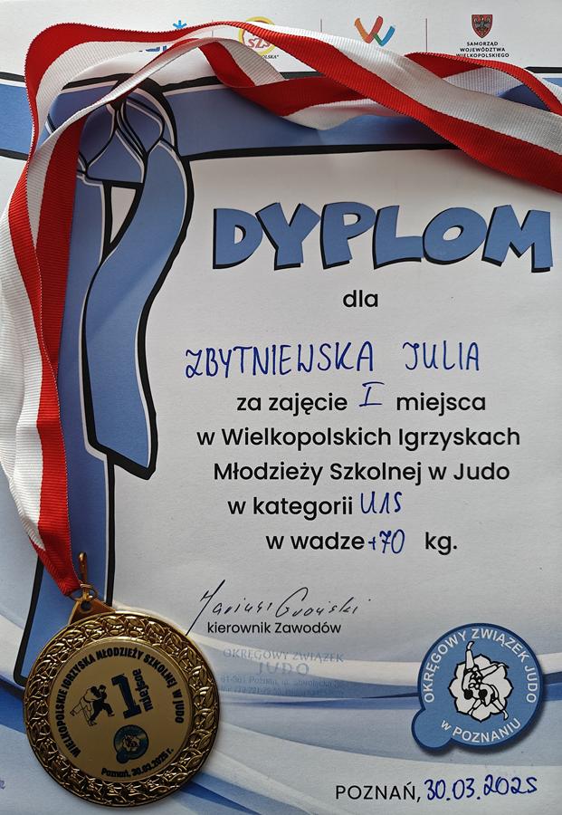 Sukces naszej uczennicy Julii Zbytniewskiej w Wielkopolskich Igrzyskach Młodzieży Szkolnej w Judo
